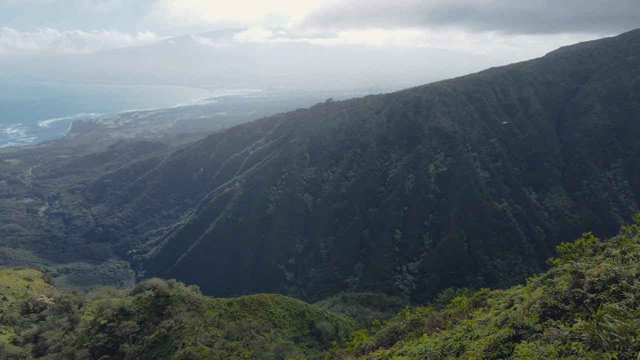 鸟瞰夏威夷毛伊岛郁郁葱葱的薄雾山峰视频素材