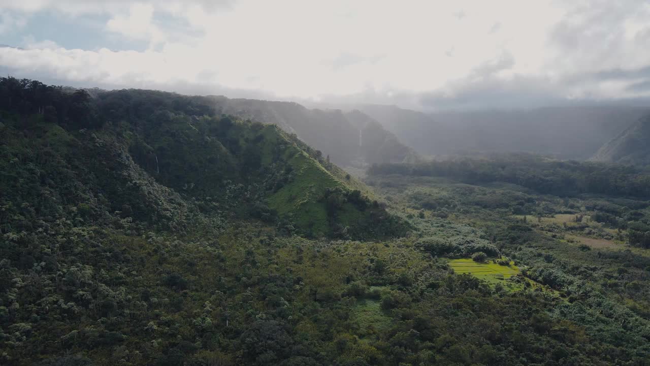 鸟瞰夏威夷毛伊岛郁郁葱葱的薄雾山峰视频下载