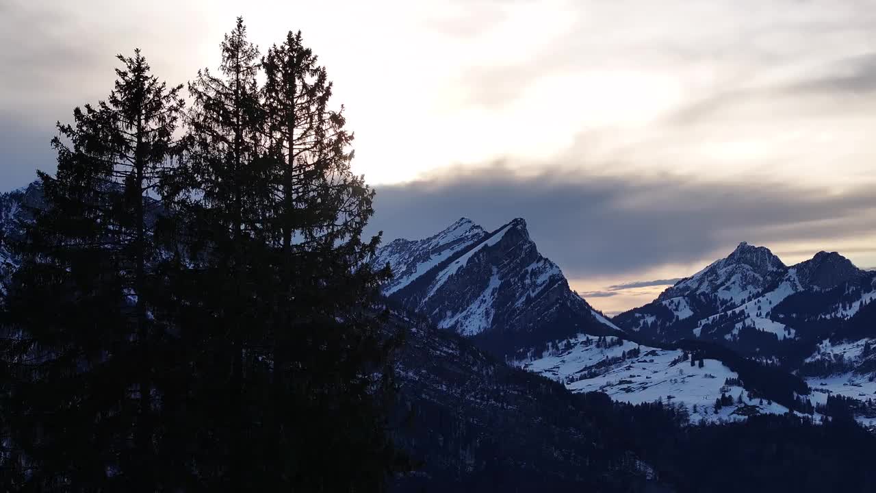 这张照片拍摄的是日落时分的瑞士阿尔卑斯山，前景是松树的剪影，背景是白雪皑皑的山峰，背景是壮观的天空。视频素材