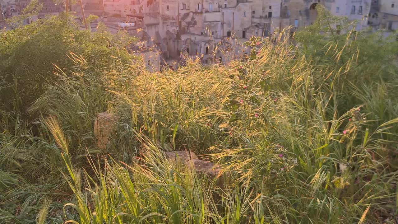 马泰拉假期，夏日，马泰拉古石与钟楼全景，夕阳斑斓的天空，欧洲文化之都2019，意大利文化度假和旅游概念视频素材