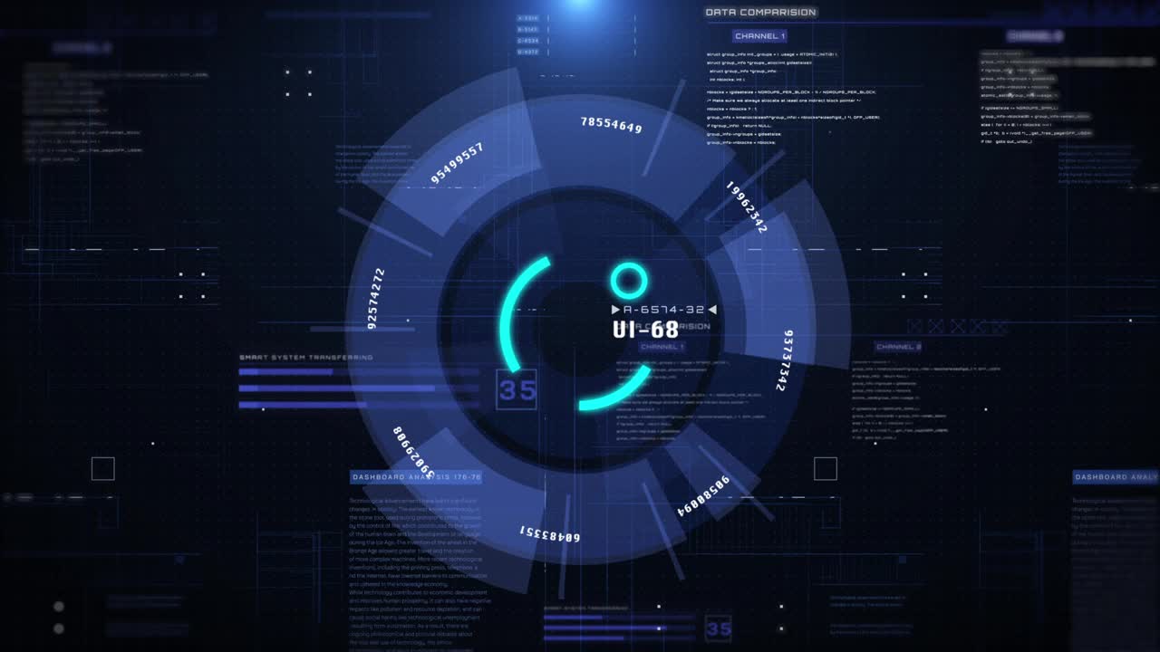 未来HUD UI界面旋转目标监控系统元素。数字技术循环4K动态图形视频素材