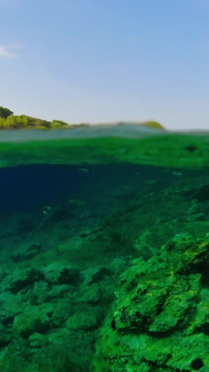 在克罗地亚亚得里亚海附近的海面上和水面下的景色。垂直视频视频素材