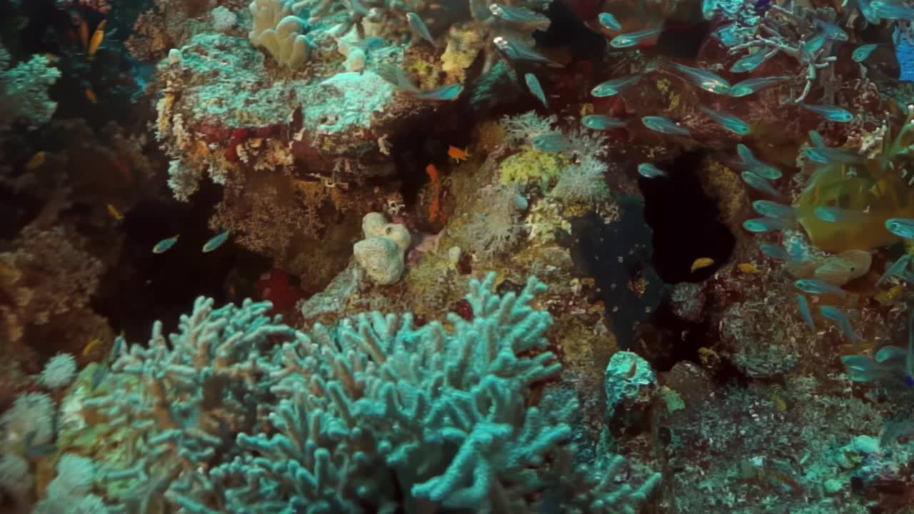 有各种各样的鱼在周围游动的珊瑚礁视频下载