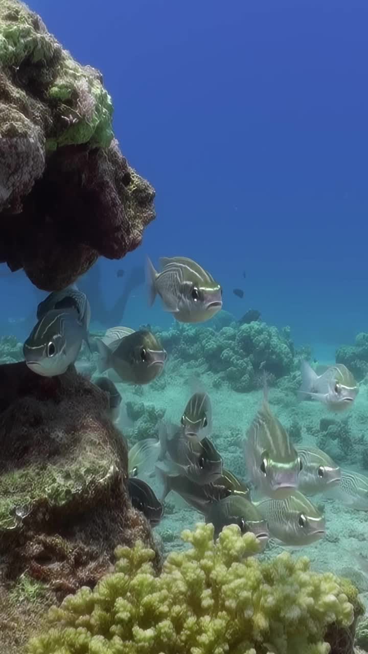 一群鱼在靠近岩石的海洋中游泳视频下载