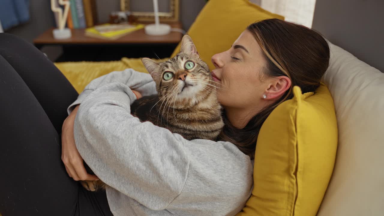 一名年轻女子躺在舒适的卧室里，抱着她的虎斑猫，躺在铺着黄色枕头的床上，突出了室内亲密舒适的时刻。视频素材