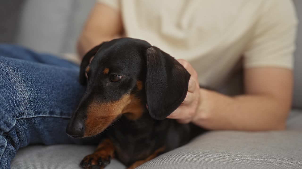 在舒适的客厅里，一个男人在沙发上温柔地抚摸着他的黑色腊肠犬。视频素材