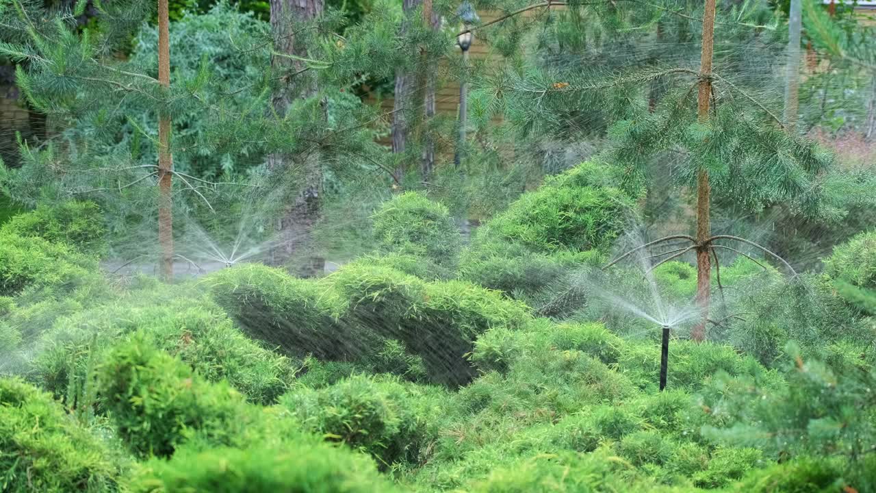 农业灌溉系统浇灌一个花园与针叶树灌木和树木视频下载