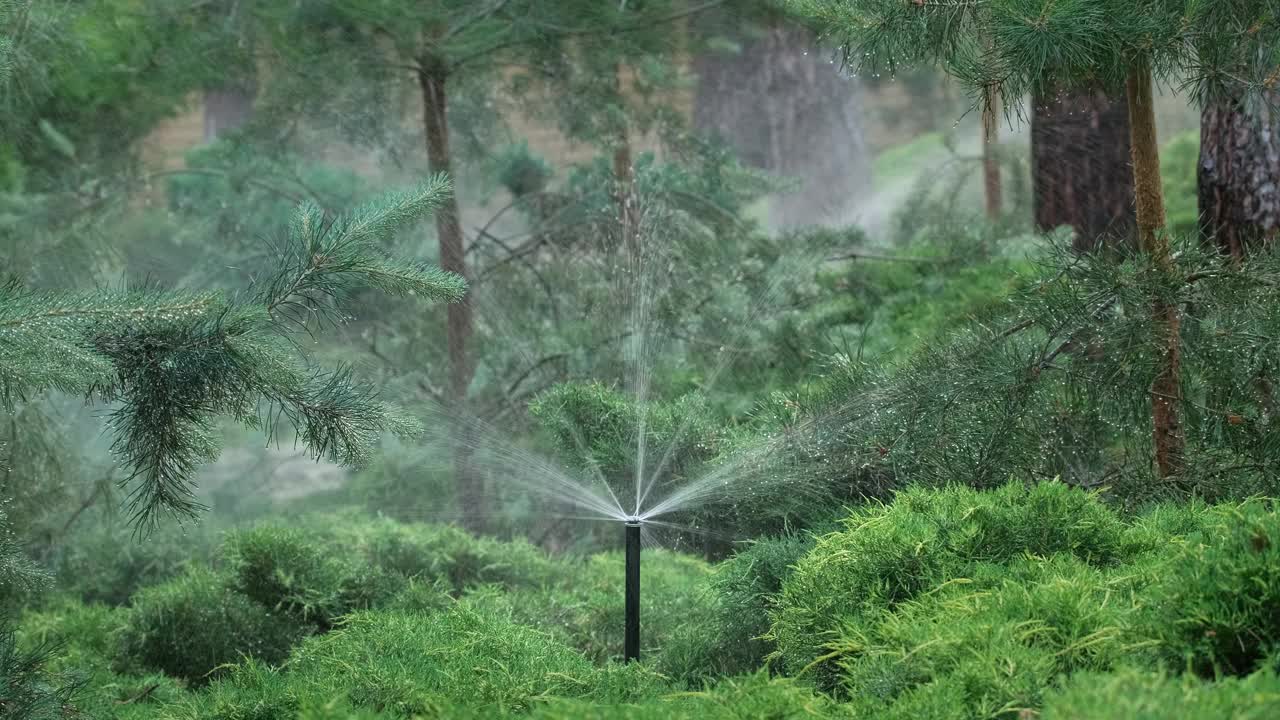 自动高压洒水装置。农业灌溉系统浇灌一个花园与针叶树灌木和树木视频下载