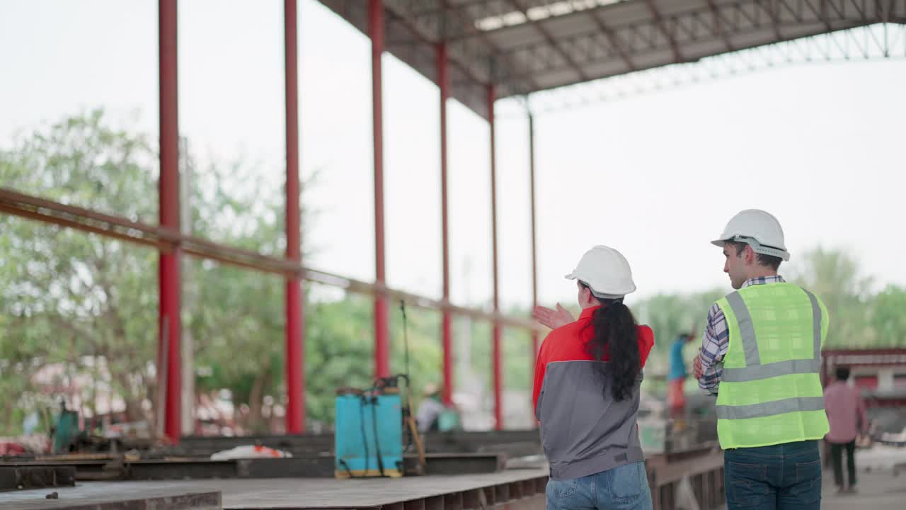 后面的观点。在建造业或工厂工作的男女均可。在制造业穿着安全制服工作的员工。工业工程师在工厂讨论混凝土墙的生产计划，检查水泥块的质量。视频素材