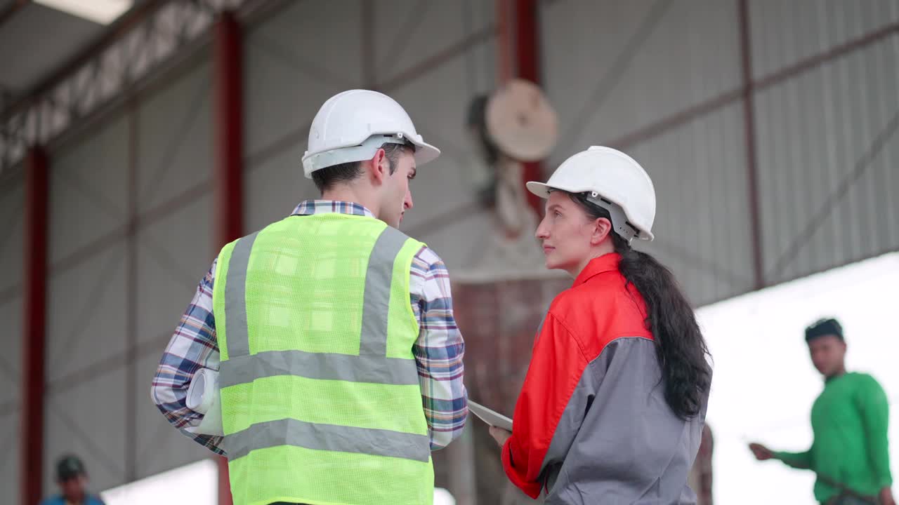 后面的观点。土木工程师和承建商控制水泥搅拌车在建筑物或住宅项目施工现场预制件墙体砌块上的浇筑。工人在制造业或建筑业工作。视频素材