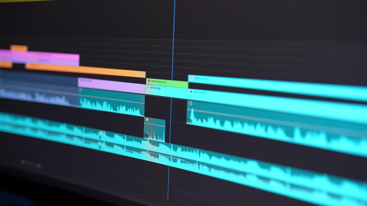 在超宽监控计算机上进行视频编辑的特写镜头和视频编辑程序的捕捉工作。视频处理，后期制作，剪辑制作者的工作。视频素材