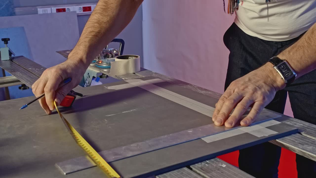 工人用笔在灰板上测量的特写。有创造力。木工工作细节。视频下载