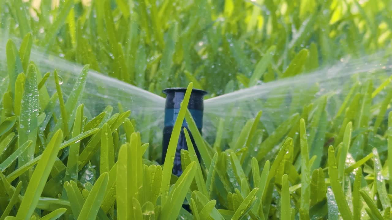 自动草坪洒水器浇灌绿草视频素材