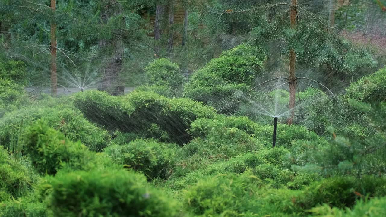 花园自动灌溉洒水器。灌溉系统。喷灌绿色植被视频下载