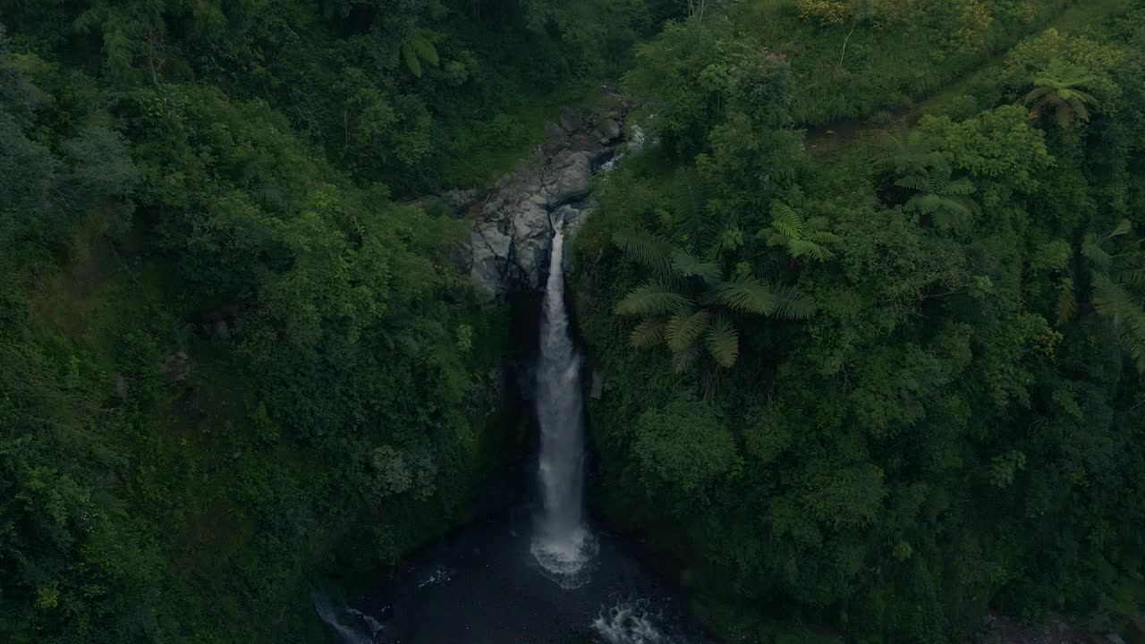 绿色雨林中的瀑布鸟瞰图。水在热带森林的瀑布上流动。热带的瀑布。Kedung Kayang，印度尼西亚视频素材