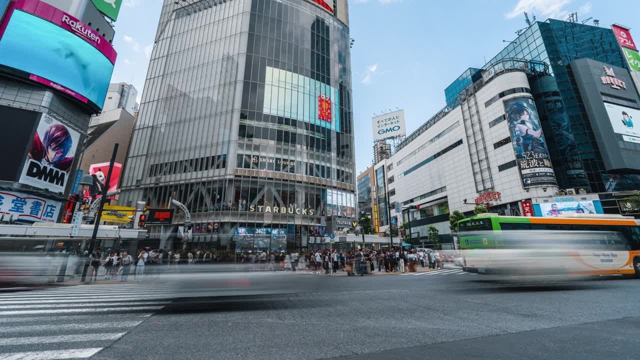 图为，在日本东京涩谷区的傍晚，熙熙攘攘的国内外游客走过人行横道视频素材