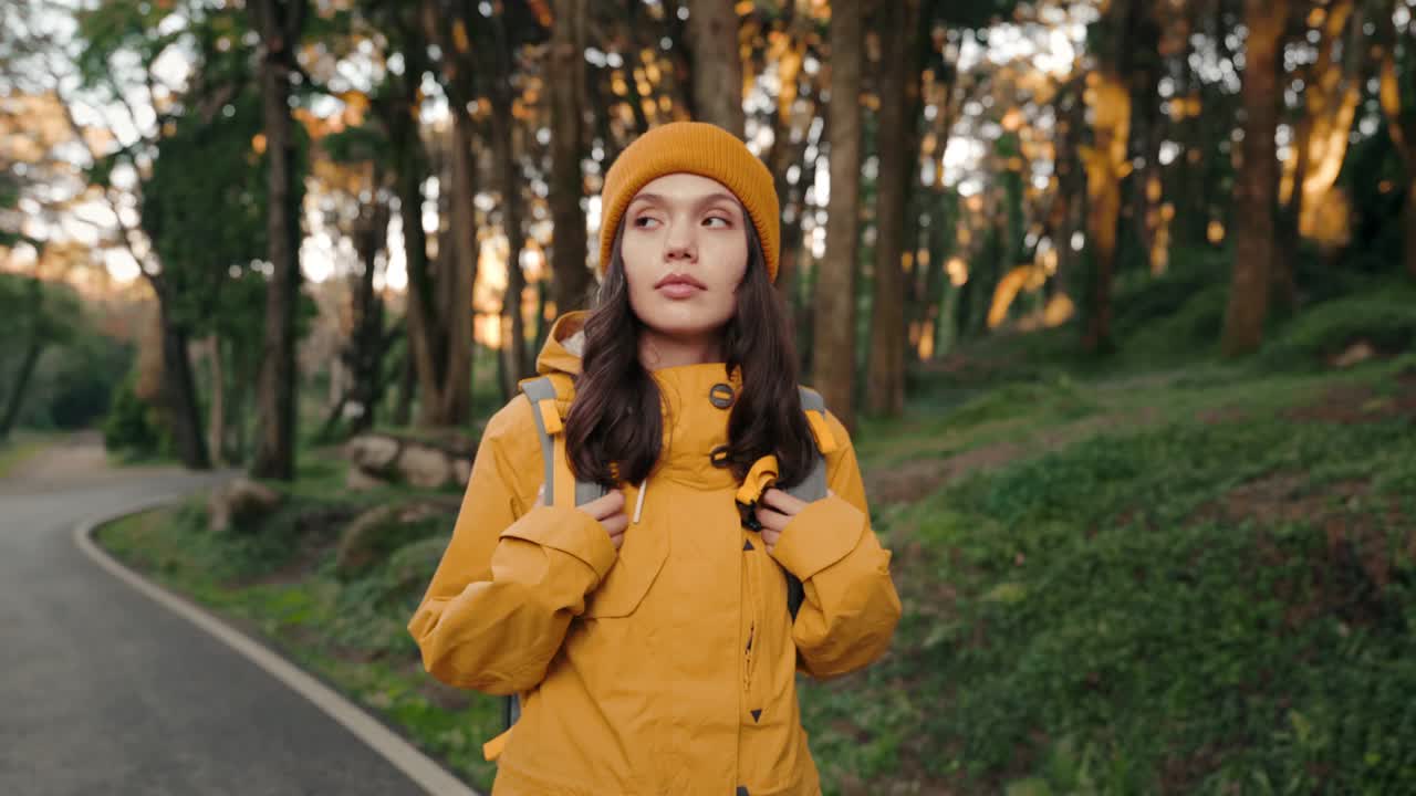 年轻的冒险女徒步旅行者背着背包走在比尼的森林路上视频素材