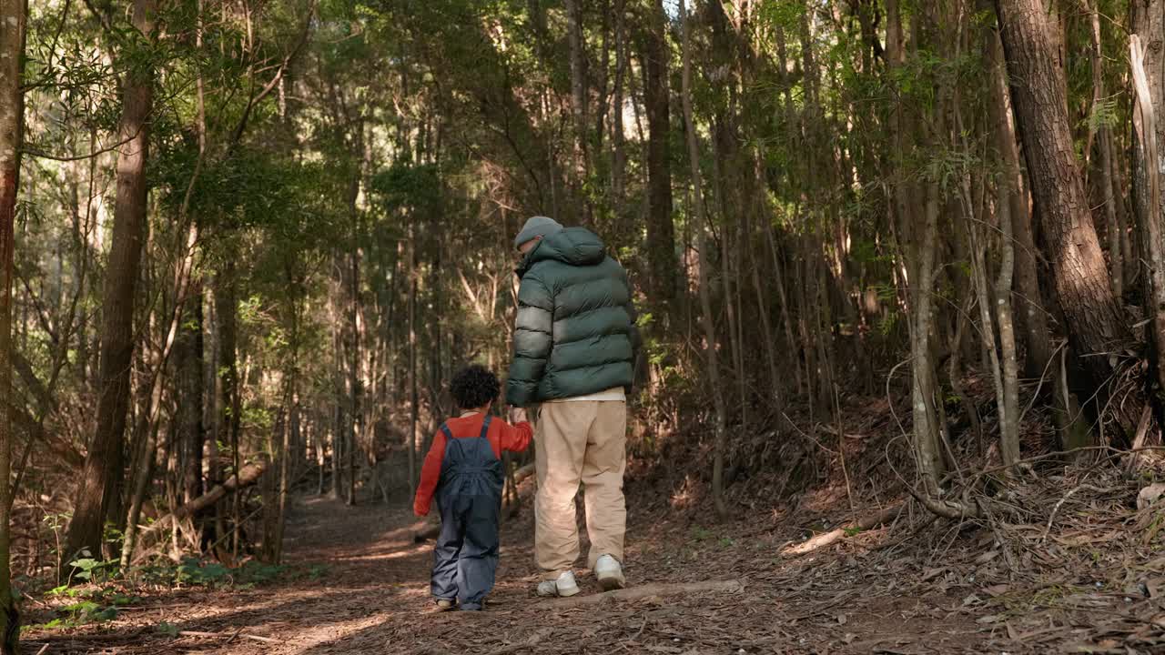 一起探索自然:父子森林漫步视频素材