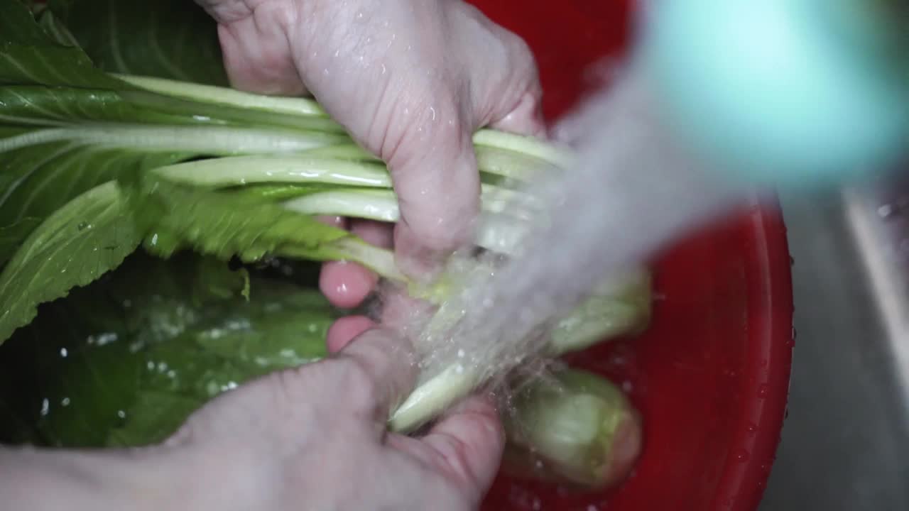 (特写)用水手洗蔬菜视频素材