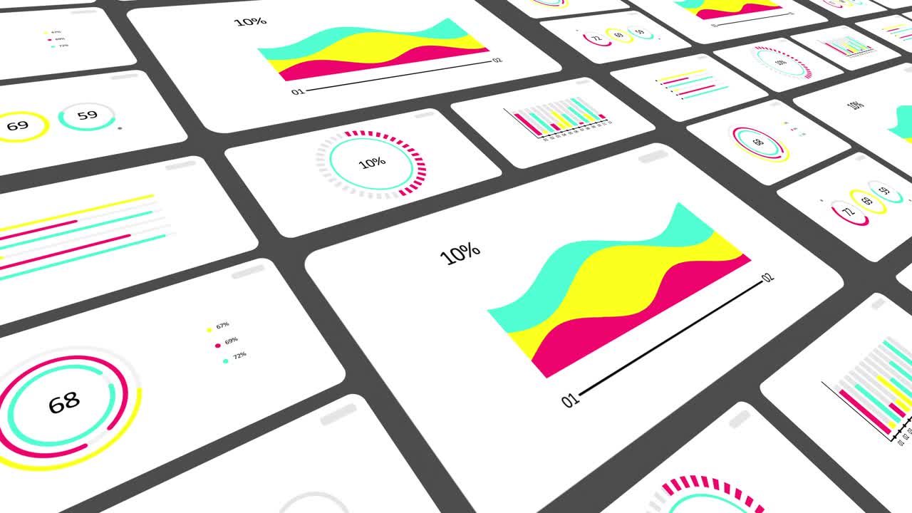 3D动画信息图表集。动画七个不同的图表和图形在明亮的颜色隔离在白色背景。高品质的4k运动设计。视频素材