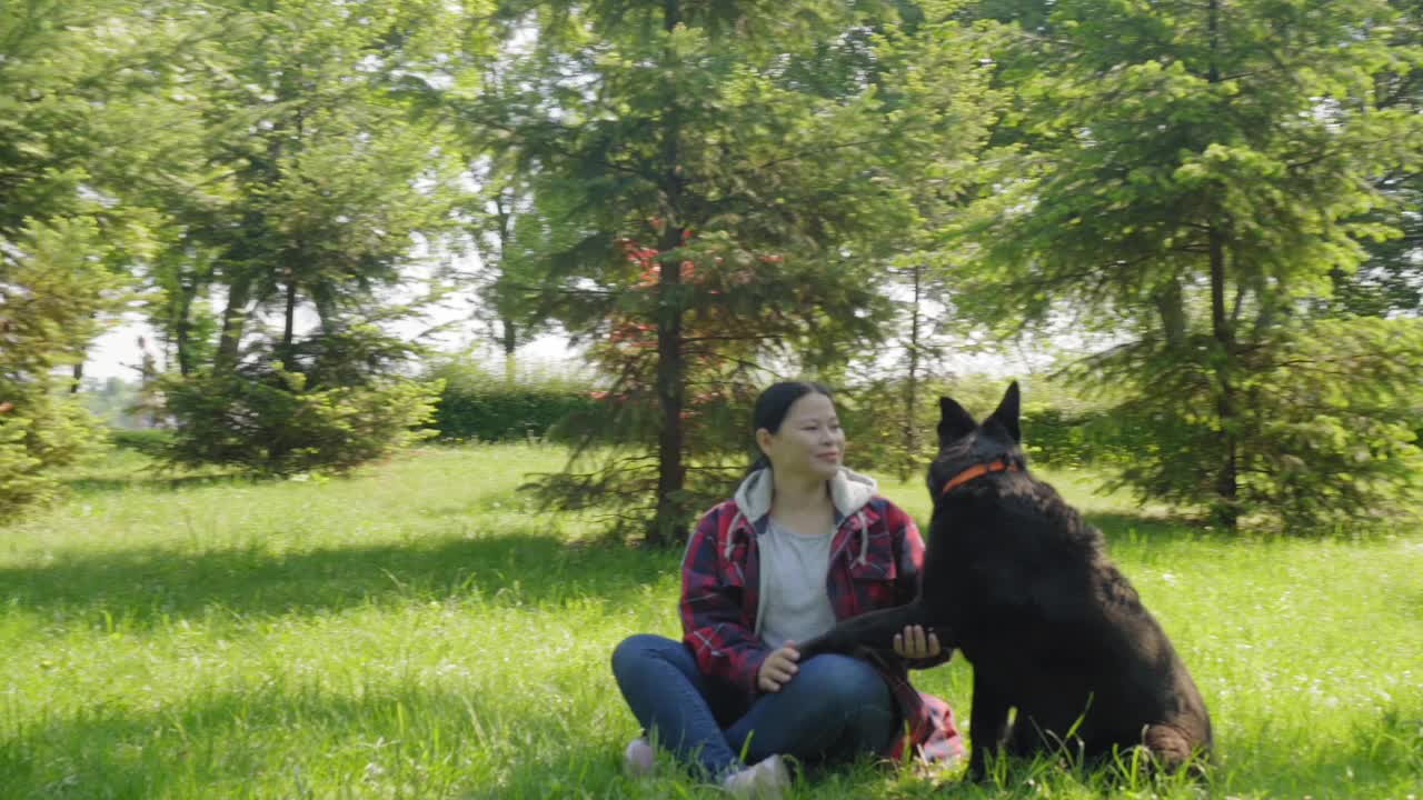 深情的黑狗在户外给快乐的亚洲女宠物主人伸出爪子视频素材