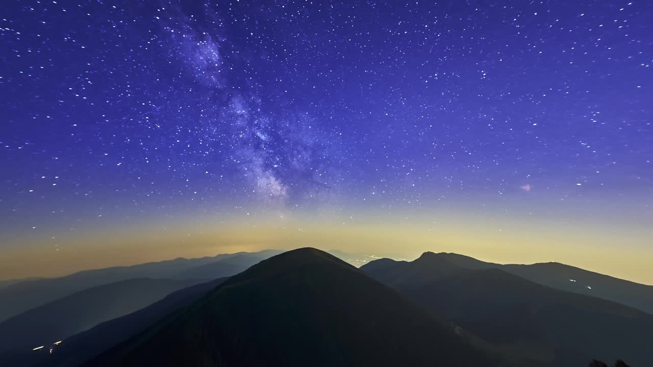 从早到晚。天空在繁星满天的夜晚与银河的星星在山上。视频素材