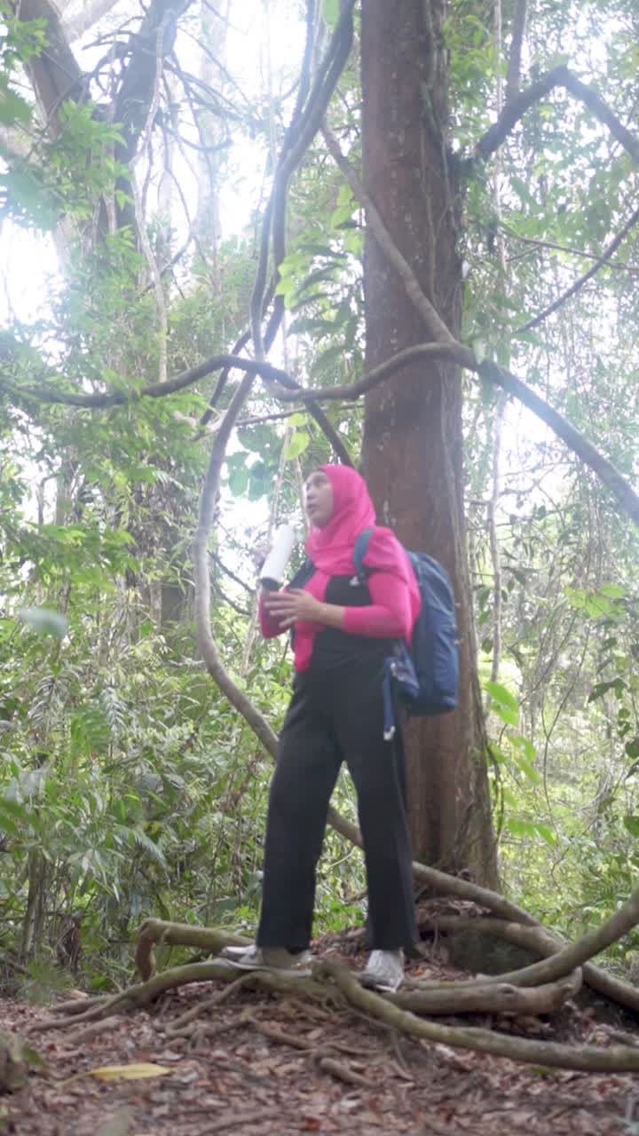 妇女在森林里徒步旅行时喝水视频素材