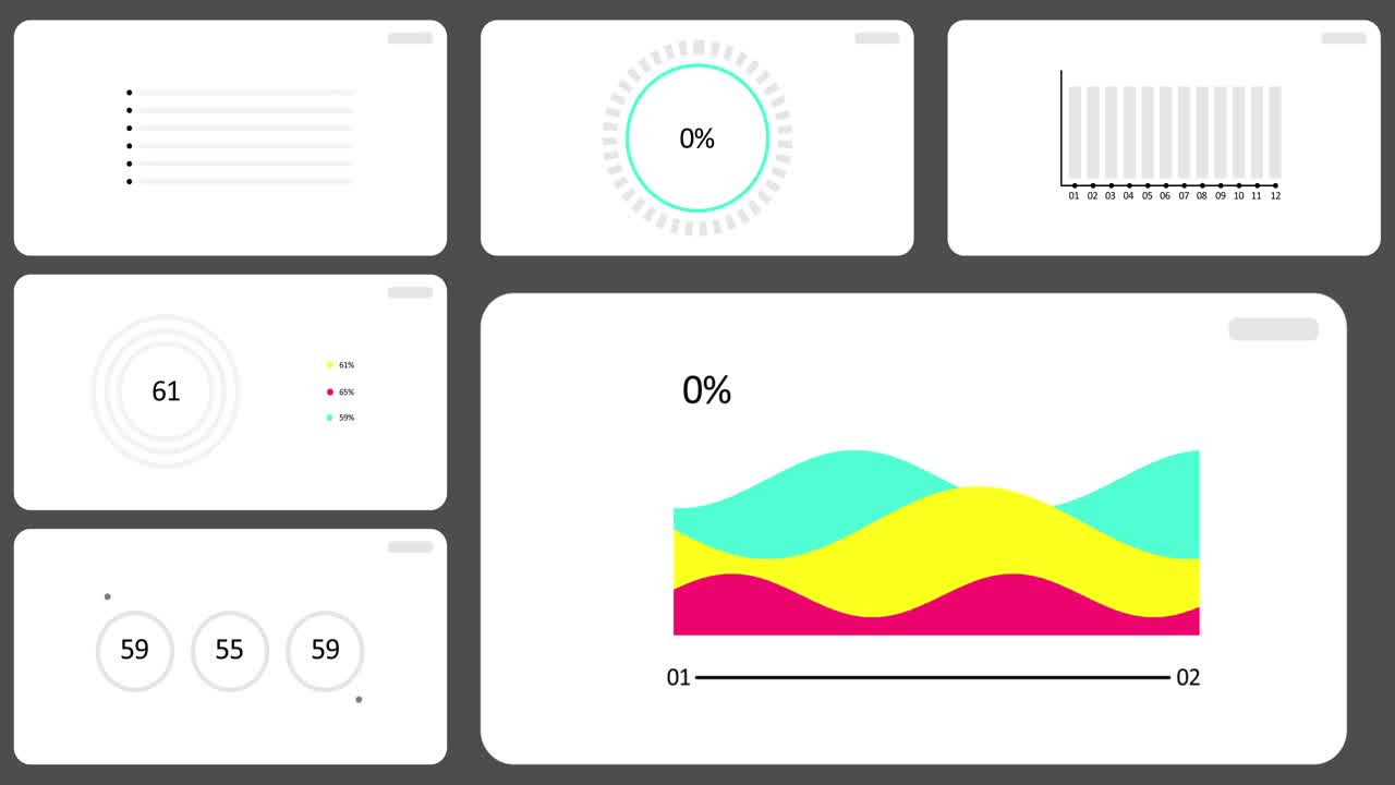 动画信息图表集。动画七个不同的图表和图形在明亮的颜色隔离在白色背景。高品质的4k运动设计视频素材