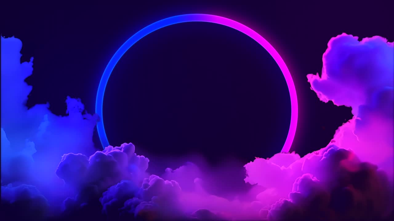 霓虹灯圆形框架与粉红色和蓝色发光云在黑暗的背景视频下载