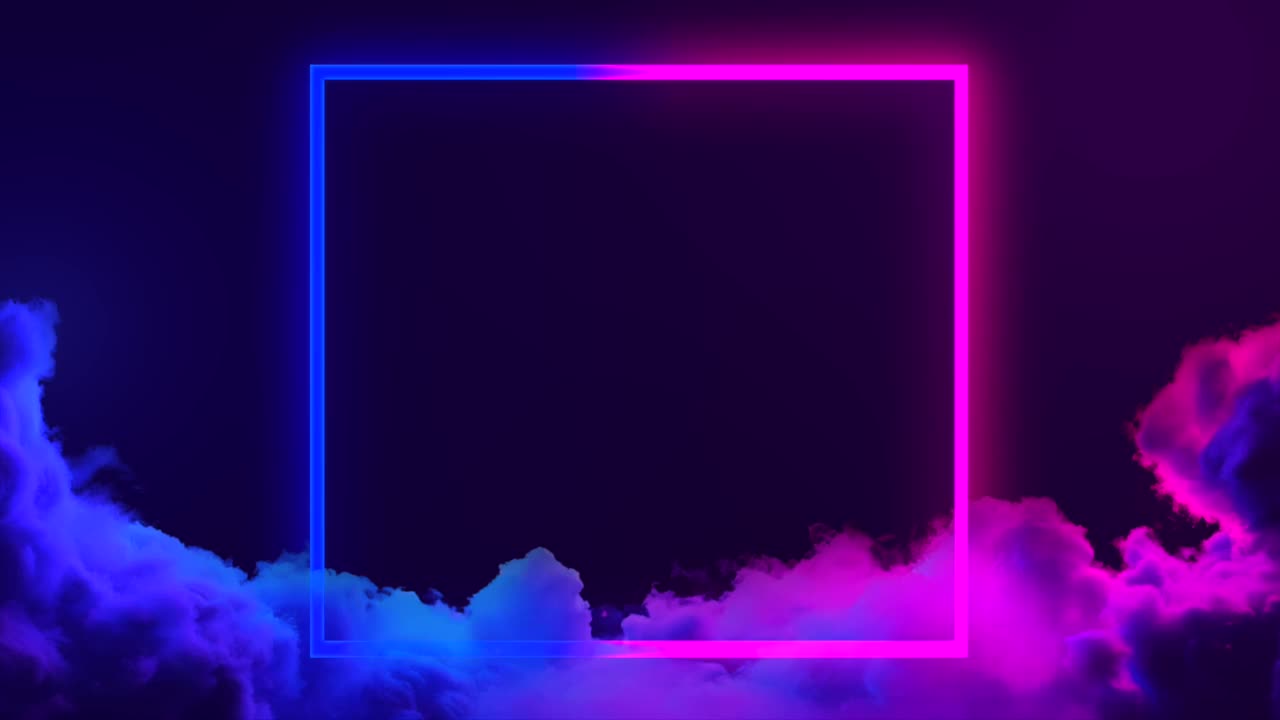 粉红色和蓝色的未来主义霓虹灯框架在夜空中毛茸茸的云上休息视频素材