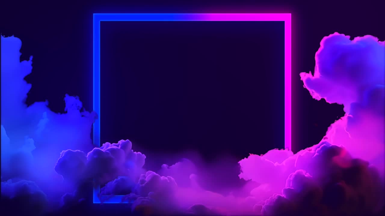 霓虹粉色和蓝色的框架休息在蓬松的彩色云彩在黑暗的背景视频下载