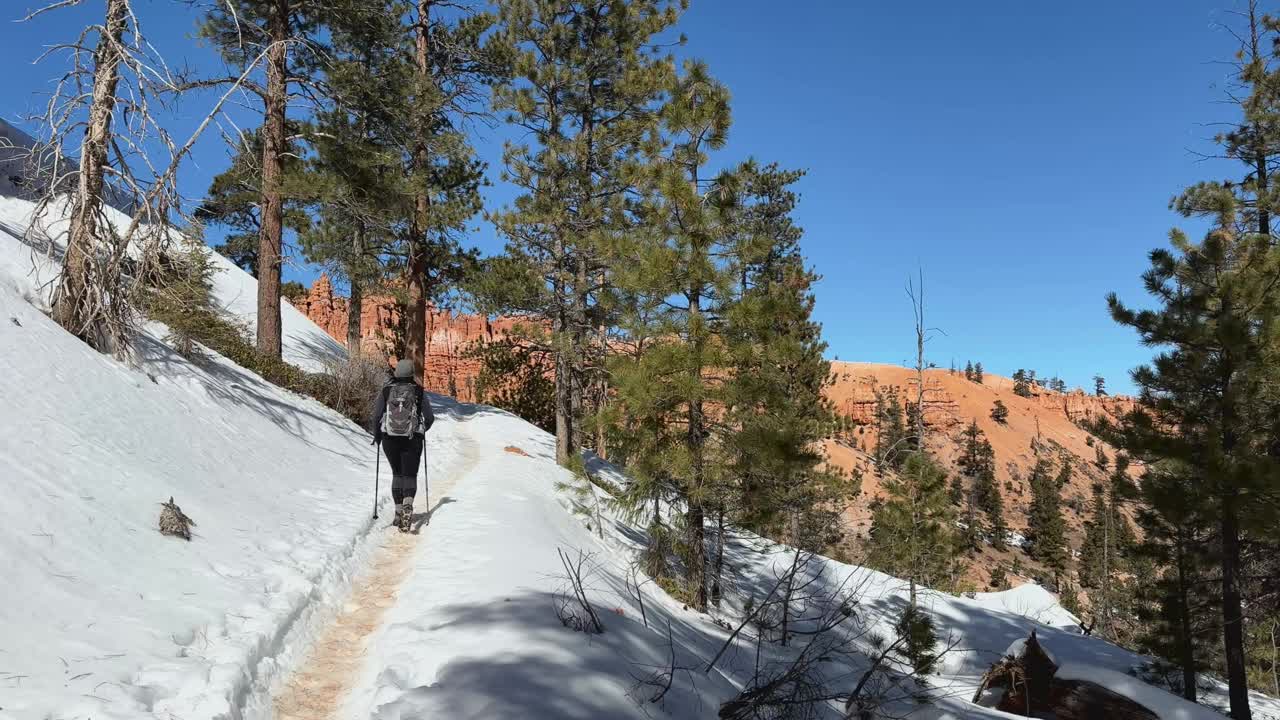 布莱斯峡谷国家公园雪道上的女徒步旅行者视频素材