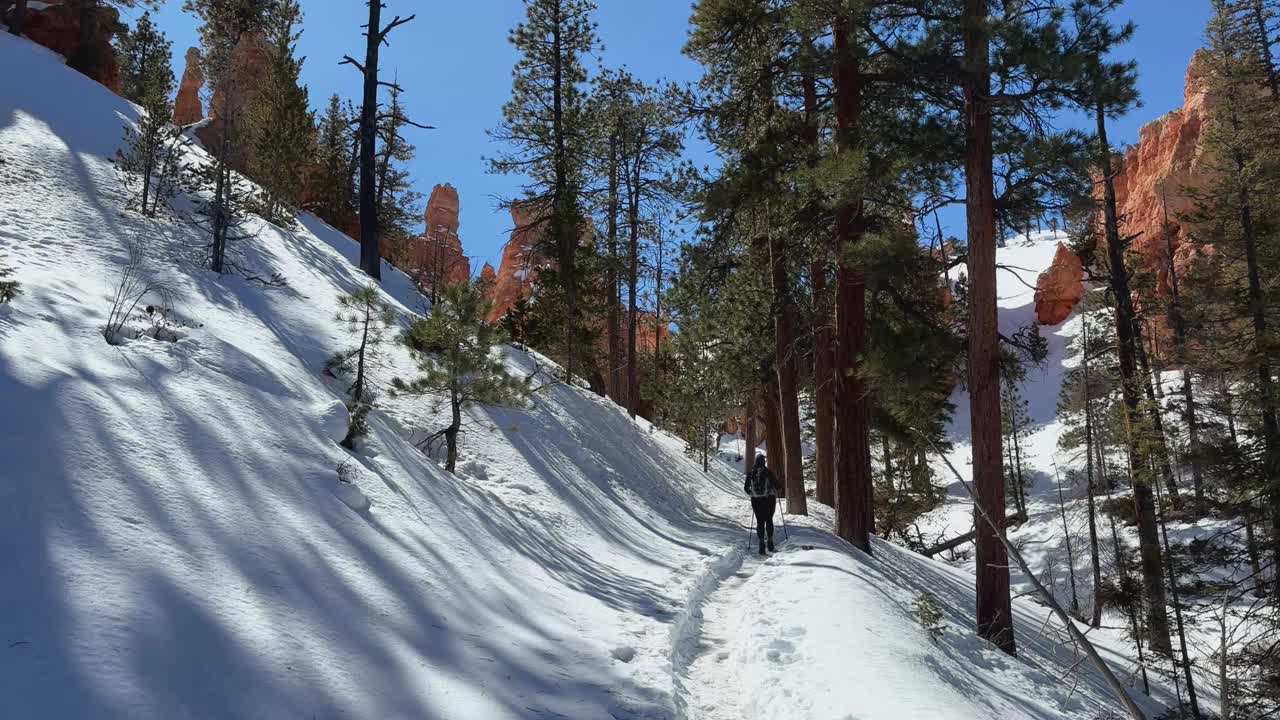 一名女子徒步穿越布莱斯峡谷国家公园的雪道视频素材