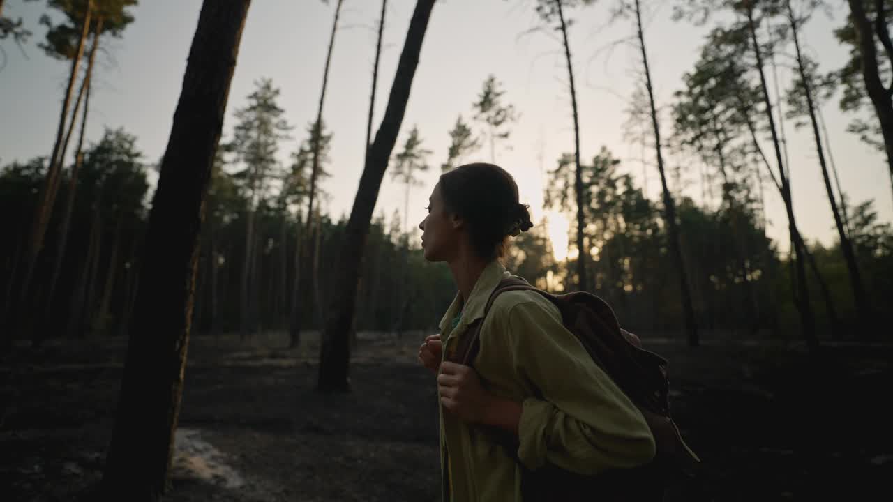 森林大火后，背着背包的悲伤女徒步旅行者在树林里。烧焦的土地，草地和树木，森林大火的后果。紧急情况和自然灾害。视频下载