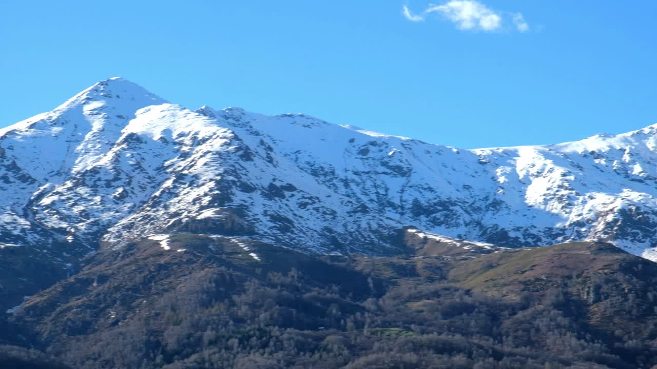 白雪皑皑的阿尔卑斯山峰的横向全景视频下载