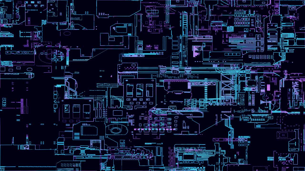 印刷电路板。可视化先进技术理念:PCB处理器微芯片、数字化神经网络和云计算。数字线路传输数据。电子计算机设备技术。4 k的动画视频素材