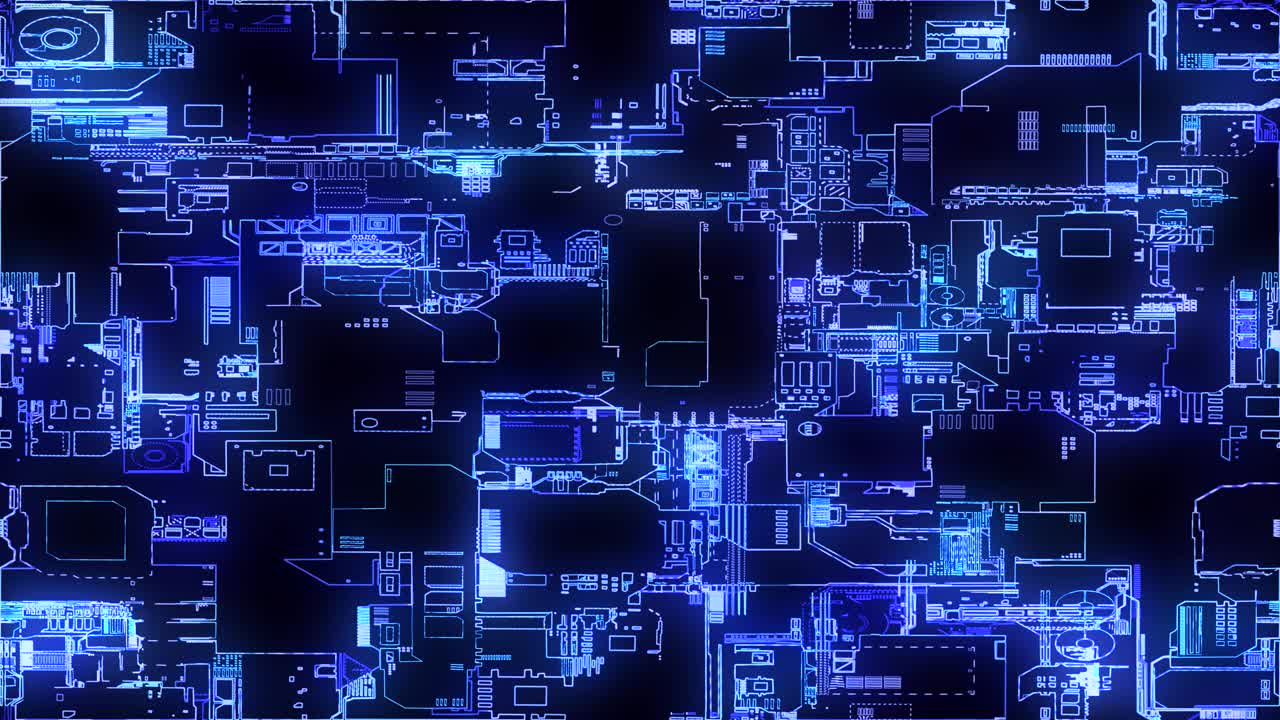 印刷电路板。可视化先进技术理念:PCB处理器微芯片、数字化神经网络和云计算。数字线路传输数据。电子计算机设备技术。4 k的动画视频素材