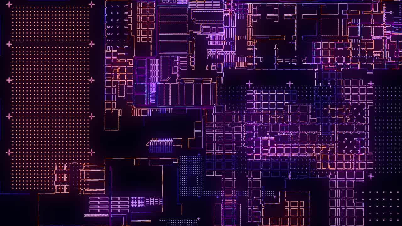 印刷电路板。可视化先进技术理念:PCB处理器微芯片、数字化神经网络和云计算。数字线路传输数据。电子计算机设备技术。4 k的动画视频素材