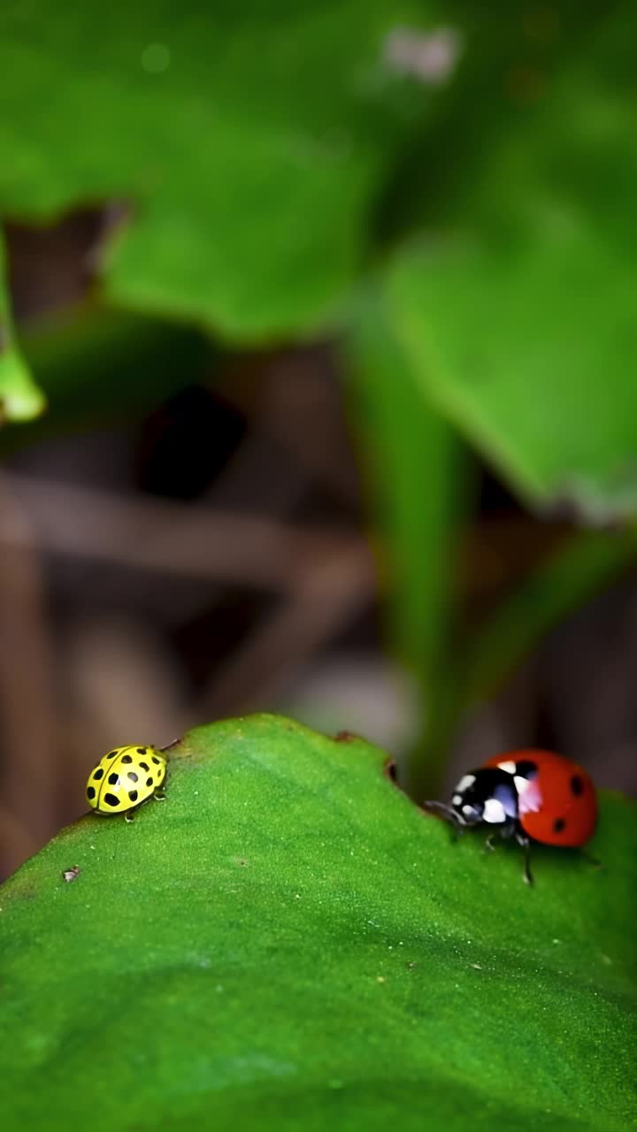 红色和黄色的瓢虫，在叶子边缘相交，垂直视频视频下载