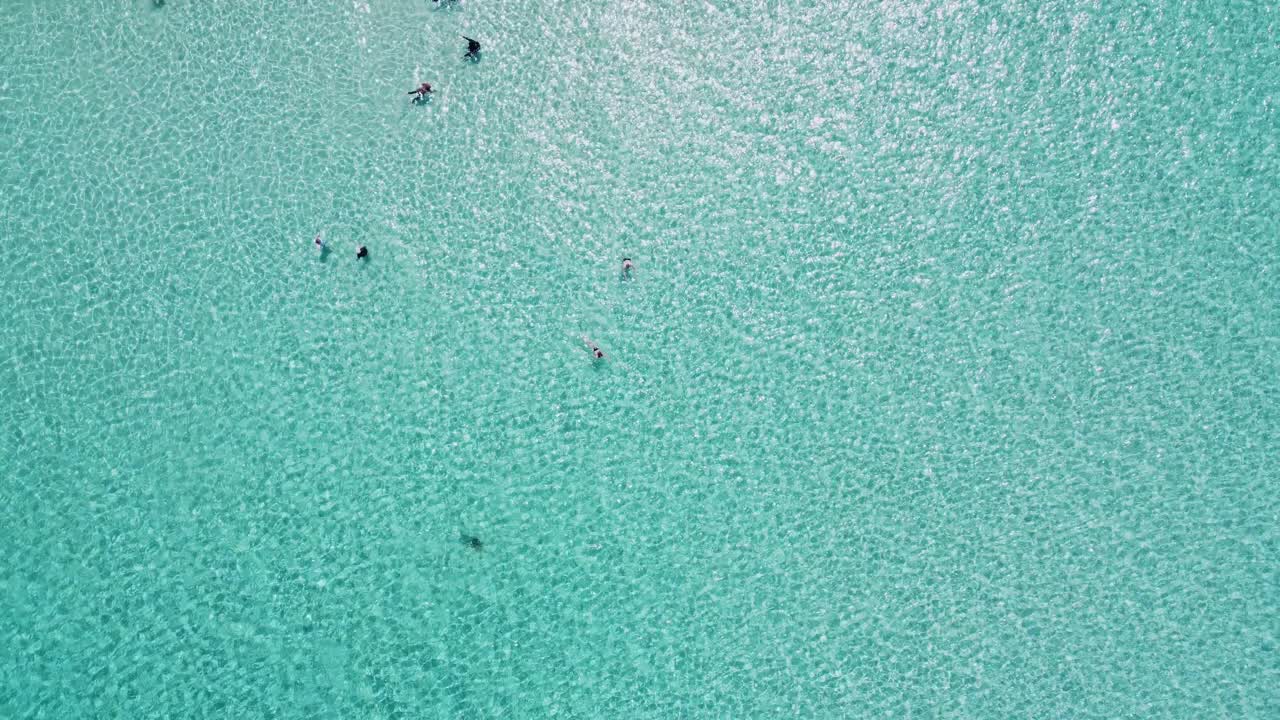 人们在清澈的蓝绿色海水中游泳。科米诺岛，马耳他，鸟瞰图视频下载