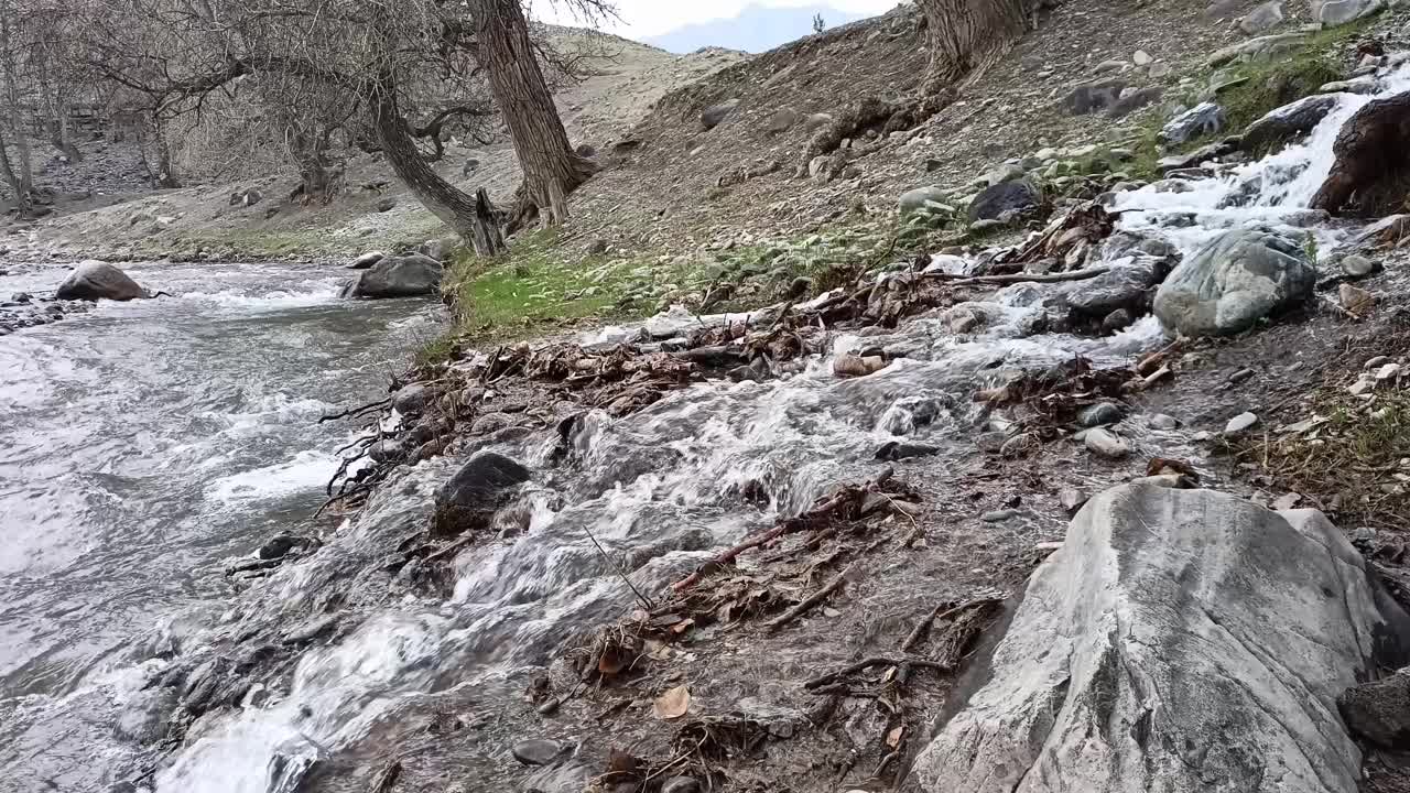 在一个多云的春日里，一条狂风暴雨的小溪从山上流下，与一条山间河流汇合。视频下载