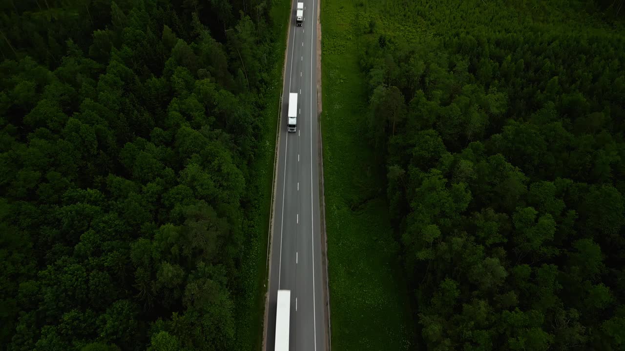 鸟瞰图显示一辆卡车行驶在被绿色植物包围的森林道路上，突出了自然和交通视频素材