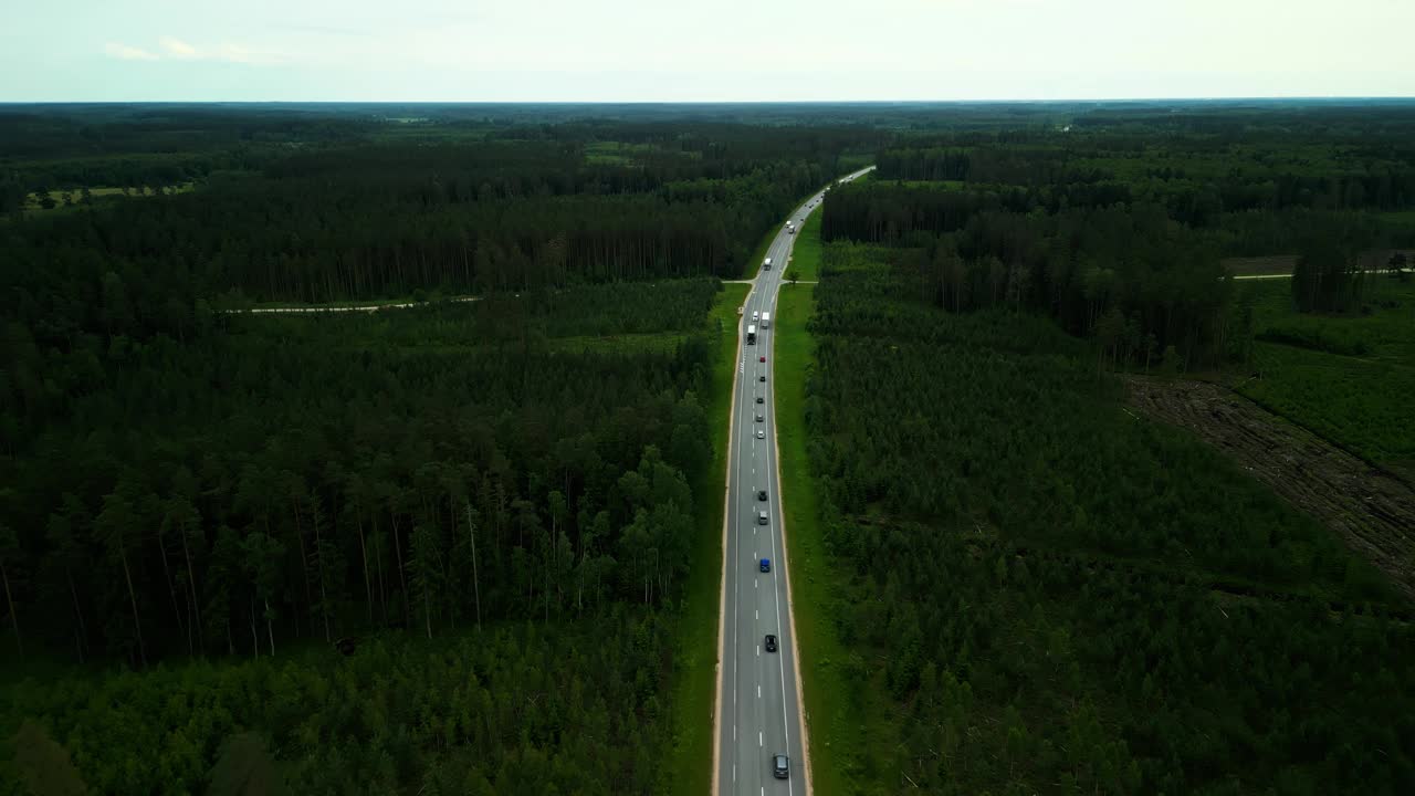 在阳光明媚的日子里，从空中俯瞰汽车沿着森林公路行驶的惊人景象视频素材