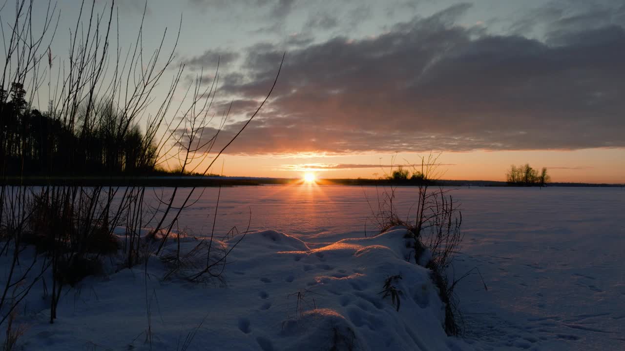 无人机缓缓低空飞向夕阳和冰雪覆盖的冰湖上空视频素材