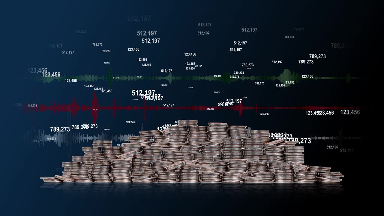 一堆硬币，有灯光效果，声音波形和不断变化的数字。视频下载