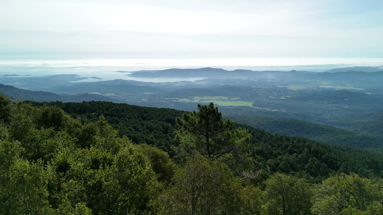 从科西嘉高地的壮丽景色:宁静的风景，郁郁葱葱的森林，和遥远的海景视频素材