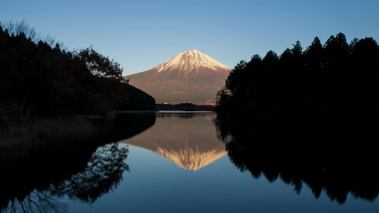 日本静冈县，日落时从Tanuki湖拍摄的富士山的美丽倒影视频下载