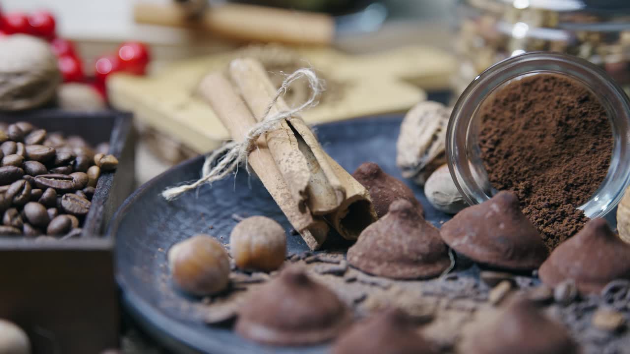 肉桂棒以质朴的风格与烤咖啡豆、巧克力、榛子和精制糖放在木桌上的构图，电影式的孤立镜头视频下载