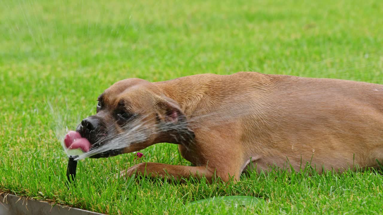 在炎热的夏日，一只德国拳师犬从喷水喷头里喝水，解渴。视频下载
