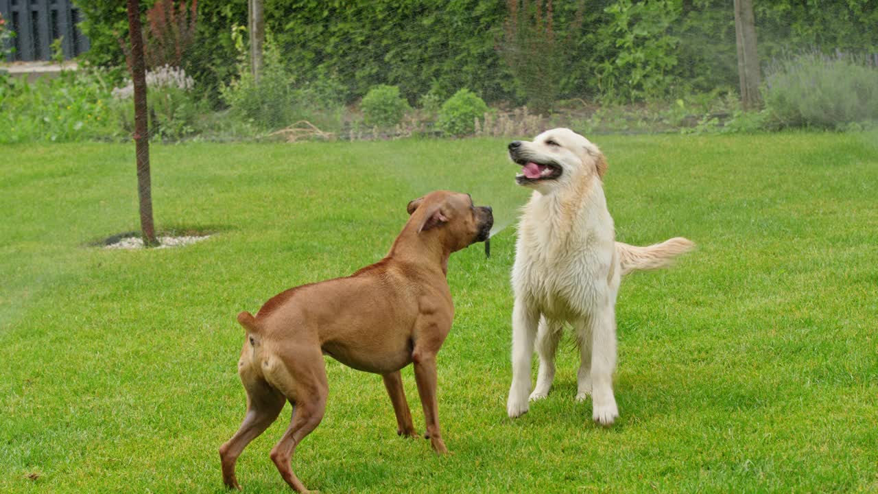 一只金毛猎犬和一只德国拳师犬在装有自动喷水灭火系统的草坪上玩耍。视频下载